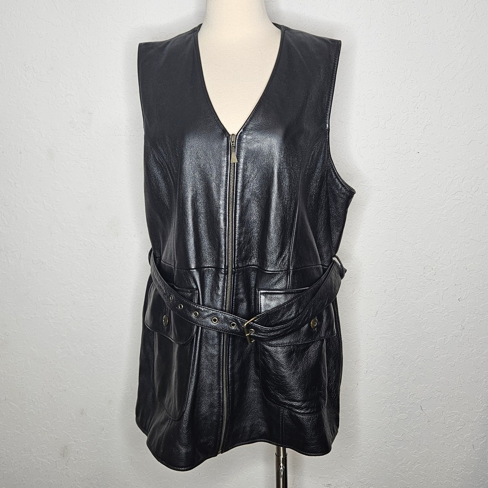 J.L. Colebrook Black Genuine Leather Belted Long Vest 2X Plus Size Vintage 90s
